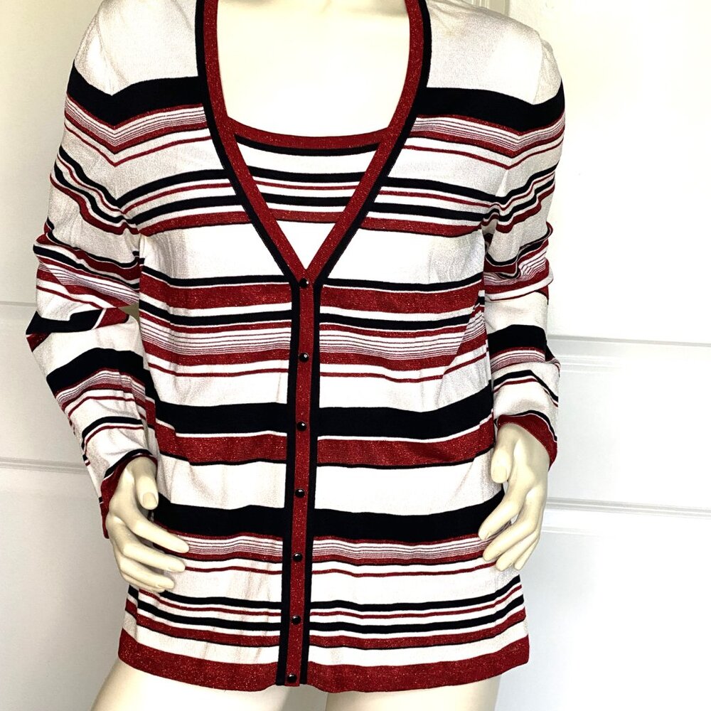 ESCADA MULTICOLOR STRIPE RAYON BLEND TOP AND SWEATER SET SIZE: 44 / L